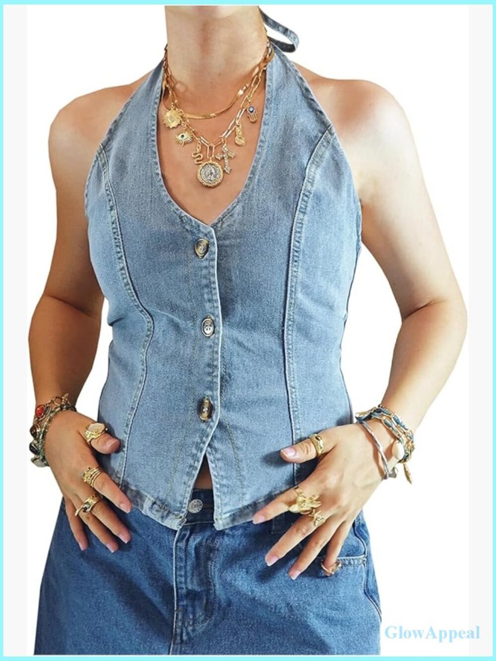 Sleeveless Denim Halter Top Backless Crop Vest Button Down Tie Back Y2K Jean